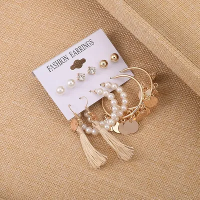 Fashion Big Pearl Circle Tassel Hoop Earring Set (6 pairs)